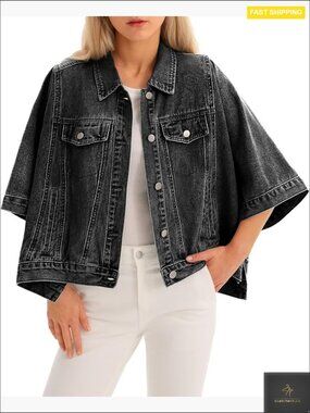 Oversized Cropped Denim Jacket Cape Style Fall Trendy Outerwear with Pockets